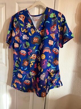 Bright Blue Cartoon Print Scrub Top
